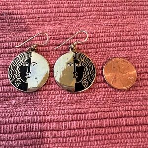 Laurel Burch "MOON GODDESS" 1993 vintage earrings, Black & Gold face